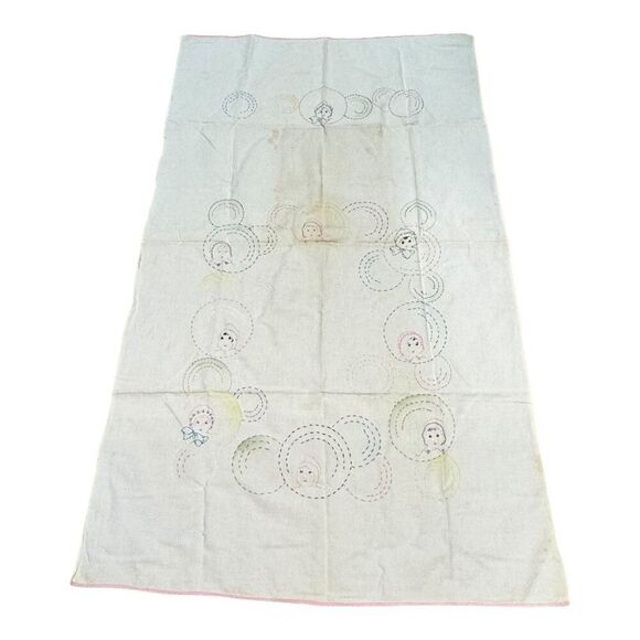 Vintage Hand Embroidered Baby Doll Child Faces & Printed Fabric  56.5 x 33.5 SEE - Picture 2 of 7